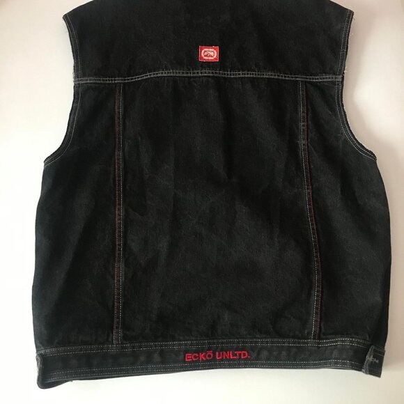 ECKO UNLIMITED Mens MEDIUM Trucker Button Down Denim Vest Black Gray Red Y2K - Picture 8 of 11